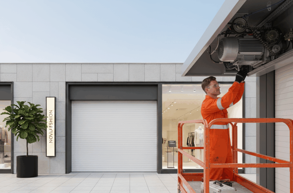 Technician repairing commercial roller door mechanism.