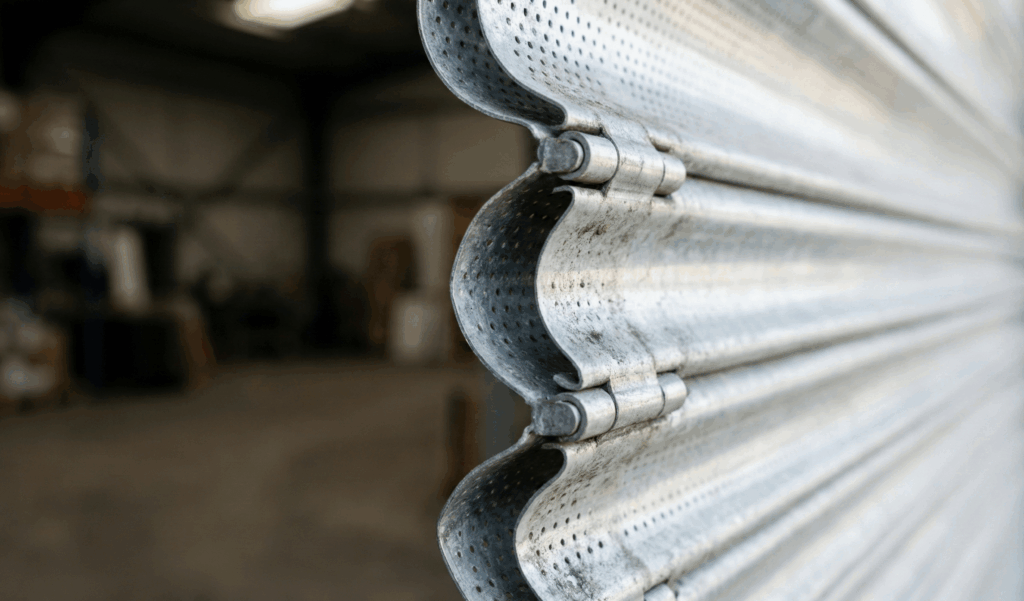 Close-up of shutter curtain and slat profile (alt: “Close-up of industrial shutter slat and curtain”)