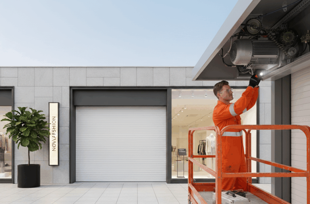 Technician inspecting a roller door with tools.
