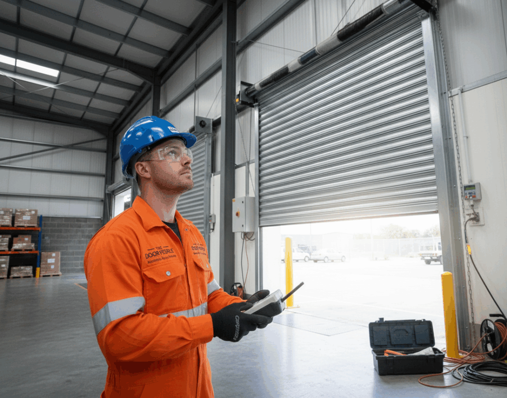 Our Technician testing a newly installed motorised roller shutter (alt: “Technician commissioning roller shutter motor
